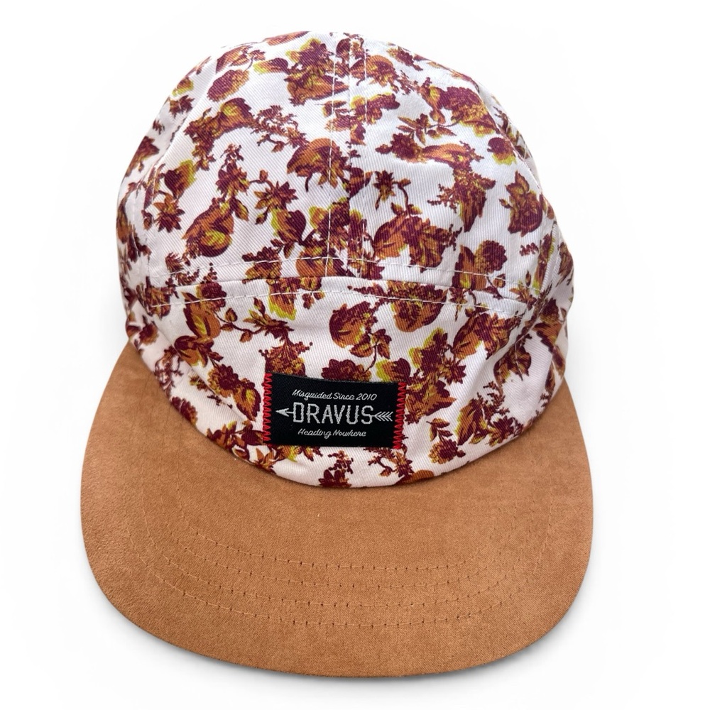 Dravus Mens Floral Tapestry 5 Panel Camper Hat Tan Suede Flat Bill